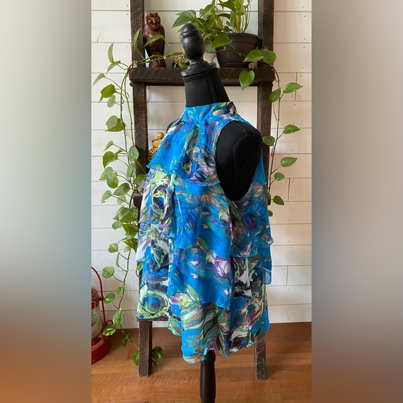 NY Collection: Blue Tiered Ruffle Top with Mock Collar - Picture 11 of 16